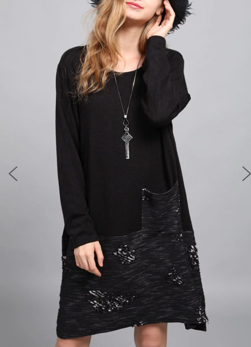 Abstract Long Sleeve Pockets Casual Midi Dress