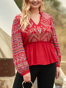 Plus Size V-Neck Embroidery Detail Peplum Blouse