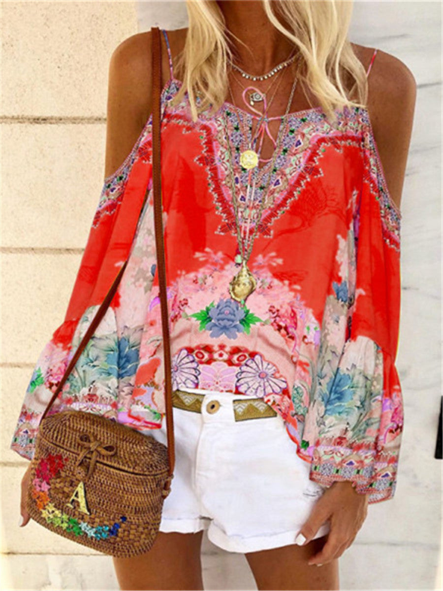 Boho Flower Print Sling Vest Flare Sleeve Casual Top