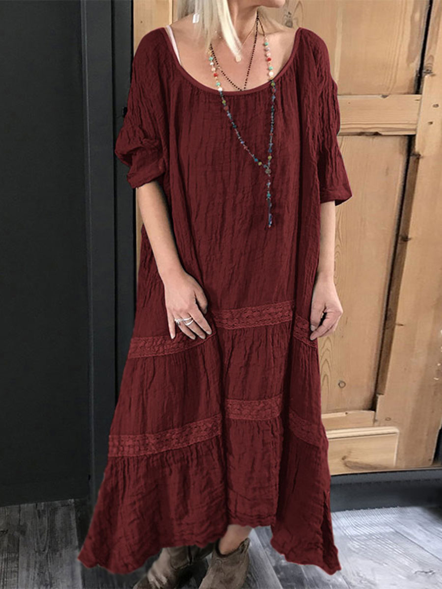 Short-Sleeved Round Neck Loose Cotton Linen Casual Dress