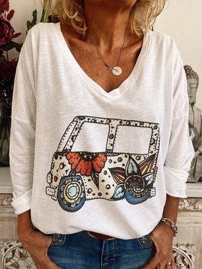 Printed V-Neck Loose Long-Sleeved T-Shirt
