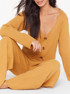 V-neck Solid Color Knitted Button Top Pants Two-piece Suit