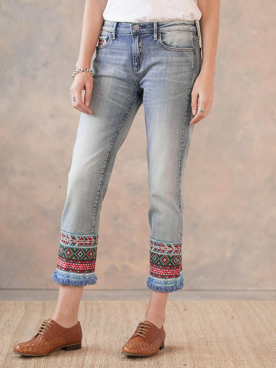 Printed Denim Trousers
