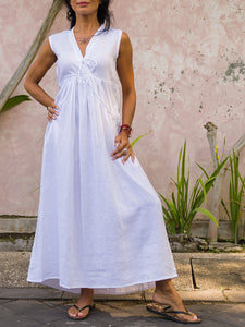 Women Linen Dress Casual V-neck Sleeveless Maxi Dress