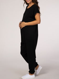 Pure Color Loose Round Neck Short Sleeve Maternity Jumpsuit