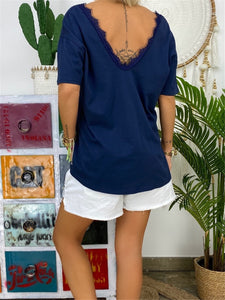 Lace V-neck Short Sleeve T-shirts