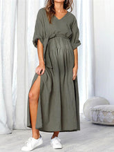 Load image into Gallery viewer, Maternity V-Neck Belt Tie Long Sleeve Side Split Splicing Long Dress