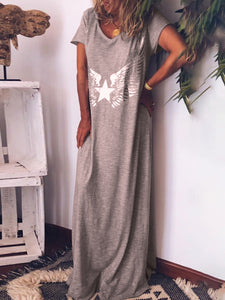 Casual V-neck Printed Loose Maxi Dress