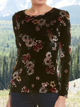 Load image into Gallery viewer, Army Green Velvet Printed Round Neck Long Sleeve Shirts &amp; Tops