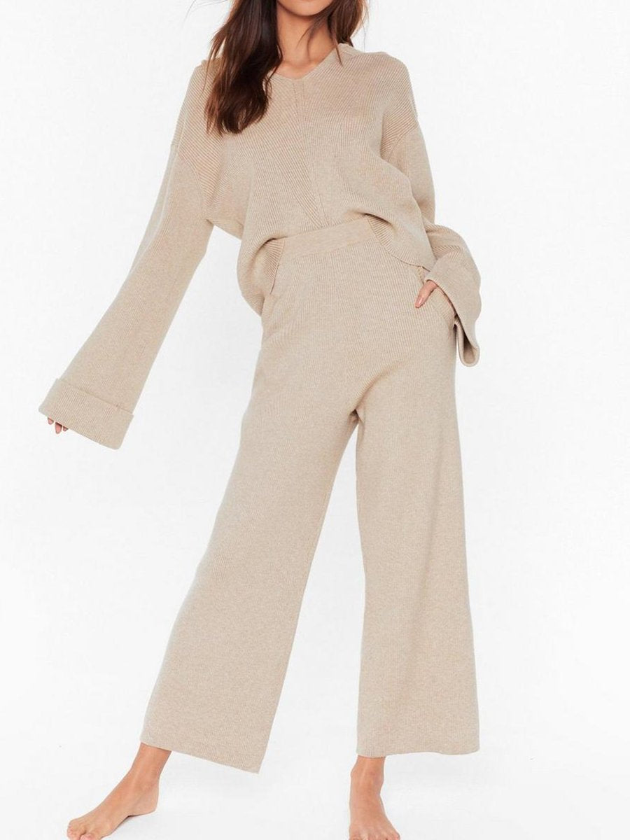 Hooded Solid Color Loose Casual Knit Two-Piece Suit