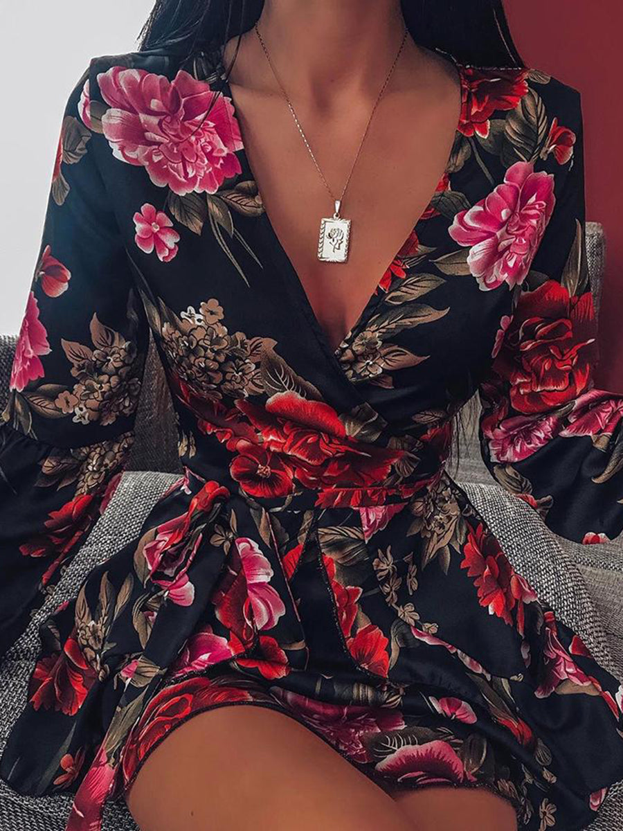 Sexy Floral Lantern Sleeve Tight Waist Mini Dress