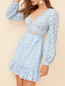 Boho Plunging Neck Lace Insert Embroidered Eyelet Mini Dress