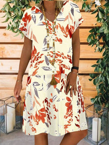 Women Short Sleeve V-Neck Floral Printed Pockets Midi Dress