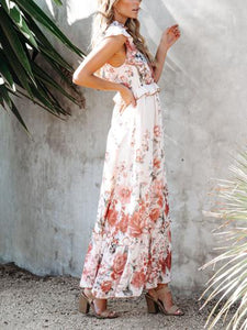 Round Neck Ruffle Print Maxi Dress