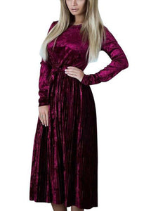 Gold Velvet Solid Color Long Pleated Dress