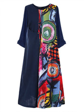 Load image into Gallery viewer, Stitched Printed Cotton and Linen Round Neck Long Sleeve Dress