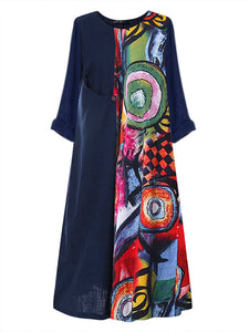 Stitched Printed Cotton and Linen Round Neck Long Sleeve Dress