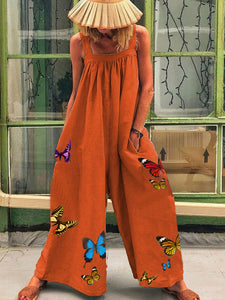 Romantic Pastoral Loose Butterfly Print Jumpsuit