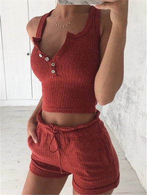 Solid Color Button Neck Knit Suit