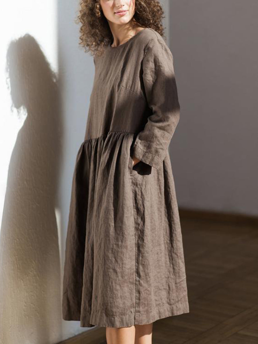 Cotton and Linen Casual Long-sleeved Dress