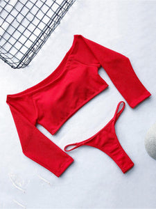 Sexy Off The Shoulder Halflong Sleeve Pure Colour Bikini Swimwear