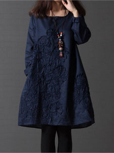 Literary Loose Embroidered Cotton and Linen Dress