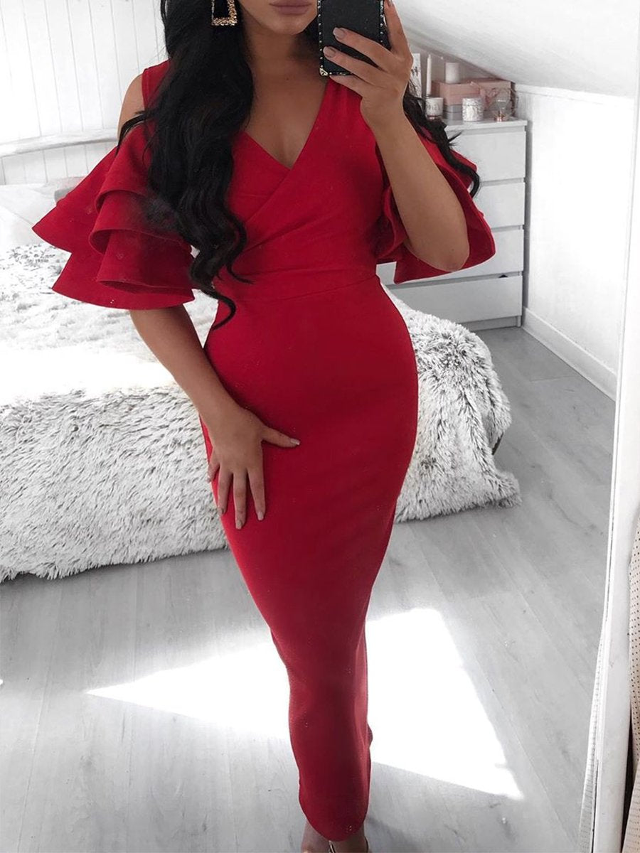 V-Neck Strapless Horn Long-Sleeved High Waist Slim Evening Dress