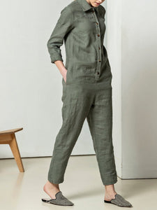 Fashion Fold Over Collar Solid Color Single Breasted Jumpsuits