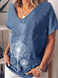 Simple Casual Loose Dandelion Print T-Shirt