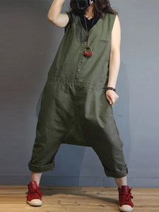 Solid Color Sleeveless V Neck Loose Button Jumpsuit Overalls