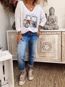 Printed V-Neck Loose Long-Sleeved T-Shirt