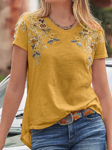 Cotton-Blend Crew Neck Casual Plain T-shirts