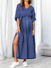 Load image into Gallery viewer, Maternity V-Neck Belt Tie Long Sleeve Side Split Splicing Long Dress