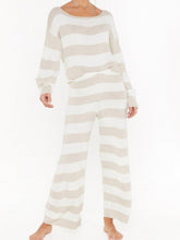 Load image into Gallery viewer, Solid Color Round Neck Knitted Striped Top Pants Two-piece Suit