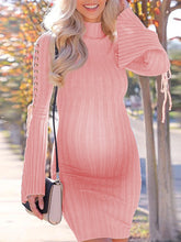 Load image into Gallery viewer, Solid Knit Lace Up Long Sleeve Maternity Dress