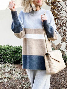 Gray Long Sleeve Round Neck Striped Knitted Tops