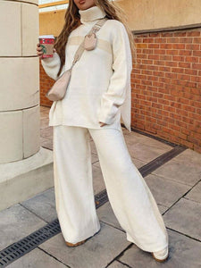 Loose Casual Turtleneck Long Sleeve Top Wide Leg Pants Knitted Suit