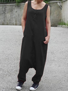 Sleeveless Solid Color Button Long Jumpsuit Overalls