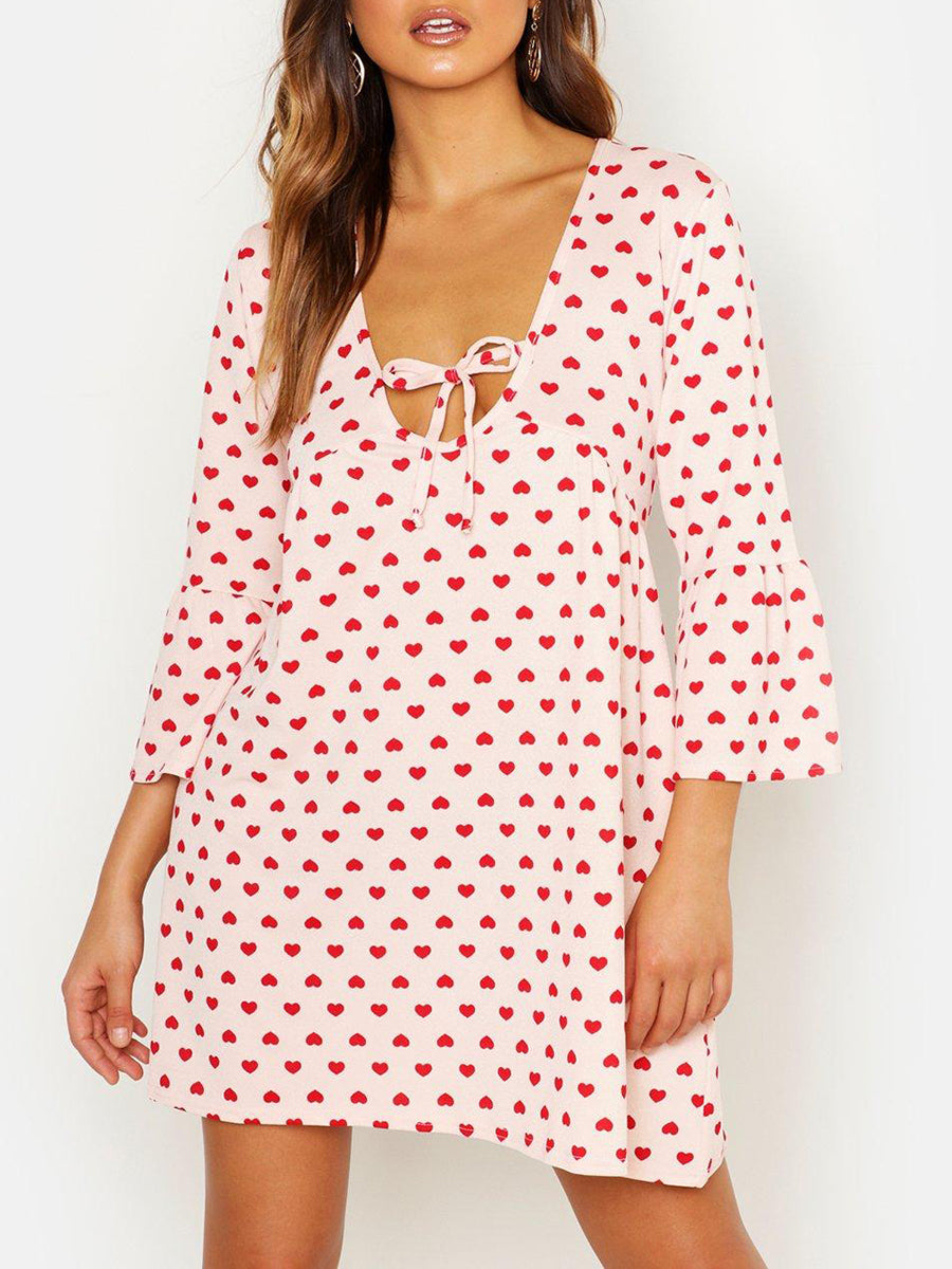 Heart Print Tie Detail Smock Dress