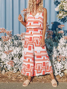  V-Neck Geometric Print Jumpsuit