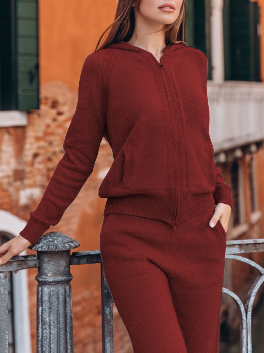 Hooded zip casual knit two-piece suit