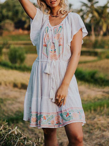 Women Boho Round Neck Short Sleeve Mini Dress