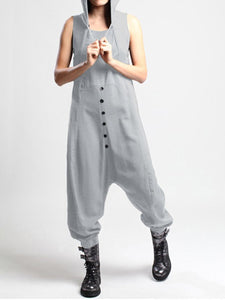 Casual Sleeveless Button Side Pocket Harem Pants Jumpsuit