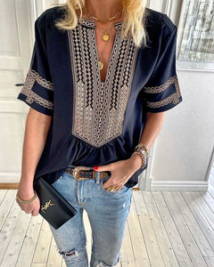 Vintage Bohemian Loose Casual V Neck Top