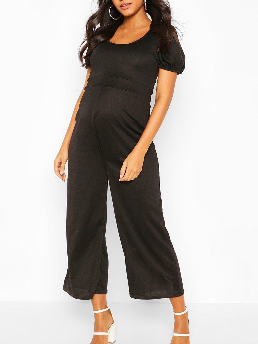 Solid Color Casual Maternity Puff Sleeve Culotte Jumpsuit