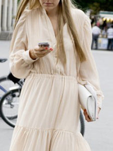 Lantern Sleeve Cotton Linen V-neck Casual Cake Dress