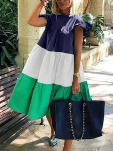 Color Panel Short Sleeve Midi Dress