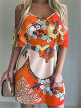 Load image into Gallery viewer, V Neck Off Shoulder Ethnic Print Mini Dress