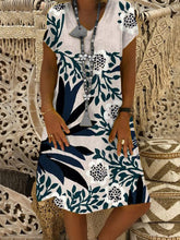 Load image into Gallery viewer, Printed Short-sleeved Cotton-linen V-neck Dress