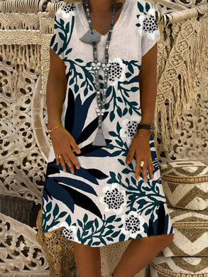 Printed Short-sleeved Cotton-linen V-neck Dress